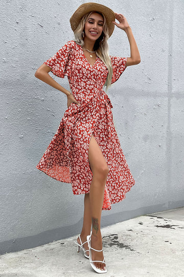 Floral V Neck Red Summer Daress